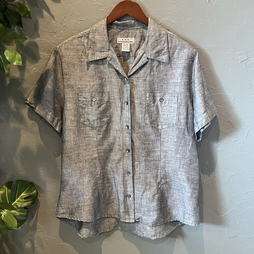 Vintage AKA Eddie Bauer Linen Cotton Shirt Womens XL Gray Button Camp Coastal